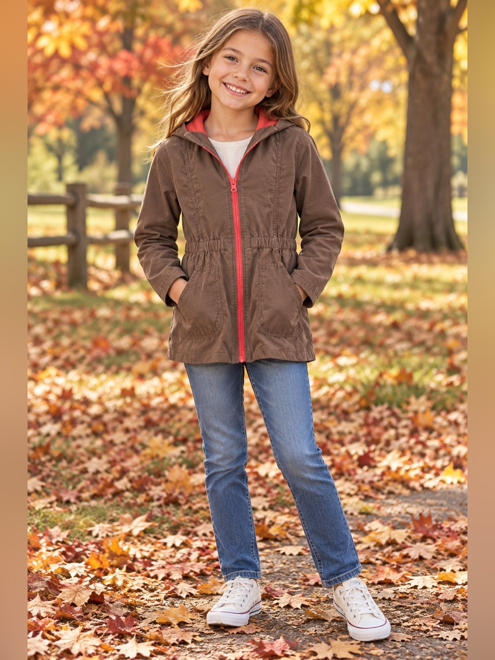 Cherokee Girls 7/8 Brown Hooded Utility Jacket Coral Zipper Lightweigh